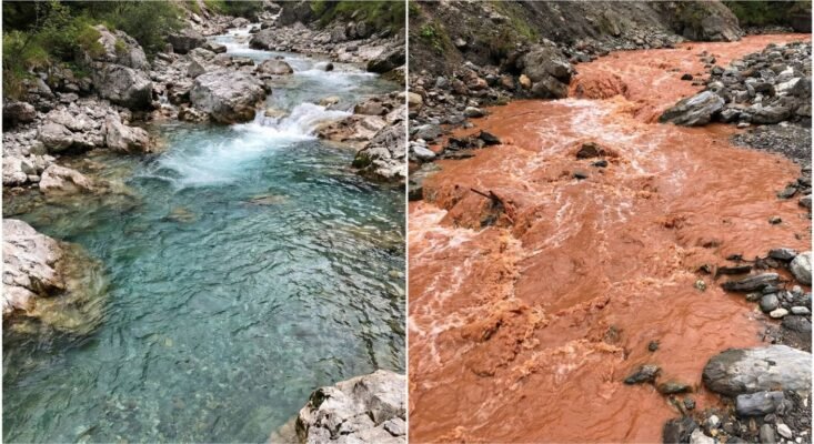 Nước suối đổi màu sang đỏ gạch là dấu hiệu của lũ ống